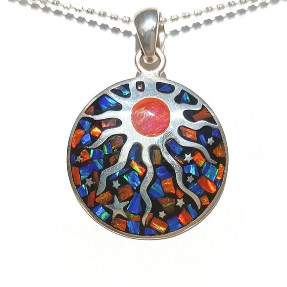 Sun & Star Lab Fire Opal Pendant Necklace For Ladies Wear, 925 Sterling Silver - Picture 4 of 10